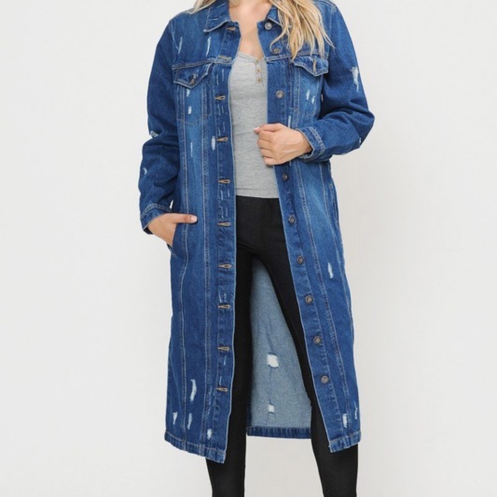 LIGHTLY DISTRESSED LONG DENIM JACKET - Picture 5 of 5